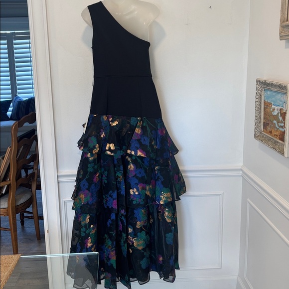 AIDAN MATTOX One Shoulder Black Dress w/Floral Layered Jacquared Fabric Sz4 - Picture 7 of 14